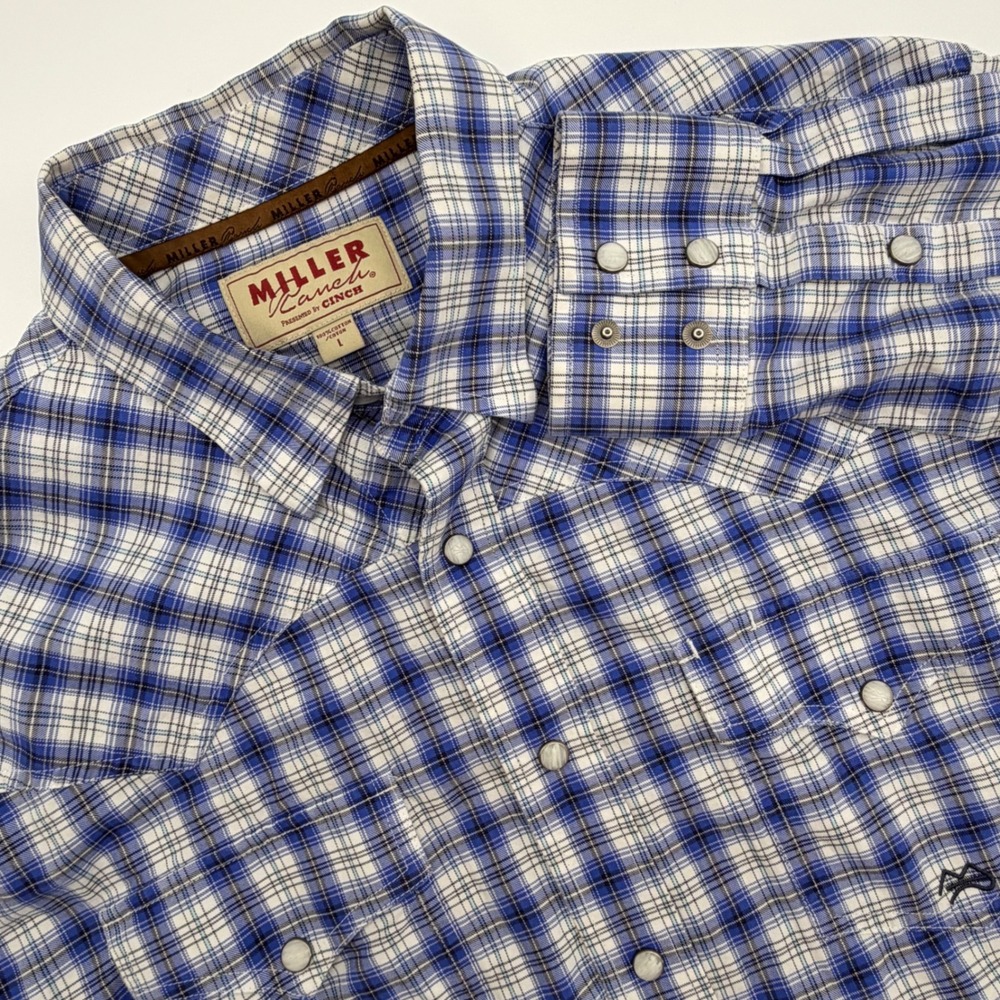 Miller Ranch Mens Plaid Snap Button Western Shirt Blue‎ White Size L